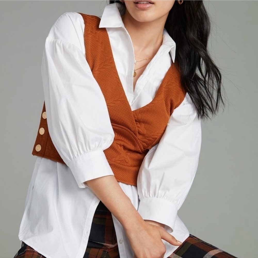 Maeve Anthropologie Button Side Cropped Top Vest Pecan Brown Size XS - Picture 1 of 13